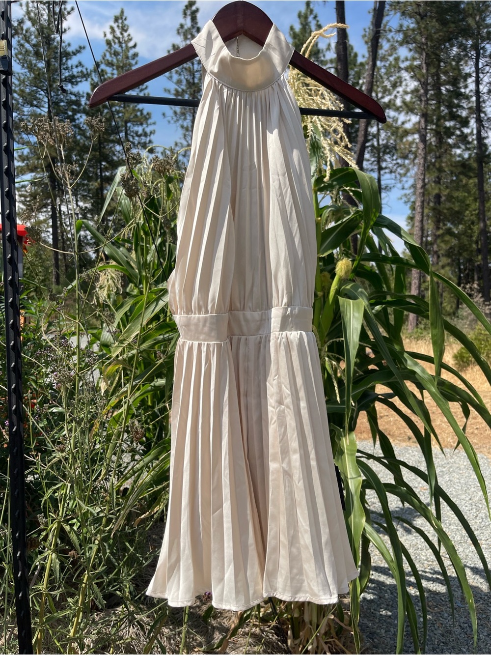 Pleated Satin Halter Midi Jumper in Cream - Picture 5 of 6